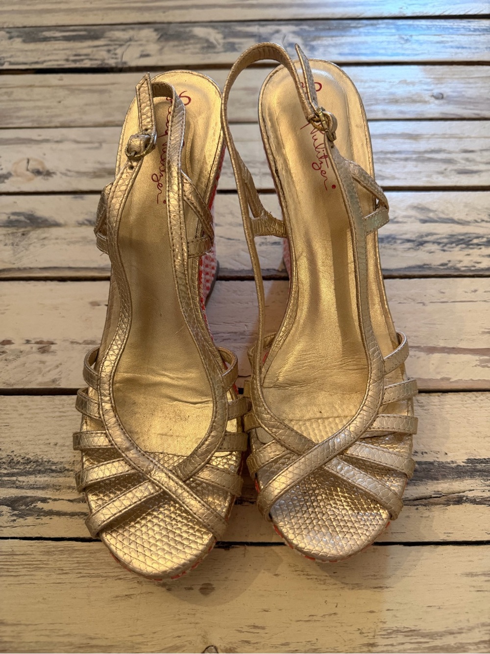 Lilly Pulitzer Sophie Gold Metallic Leather Raffia Wedge Platform - Picture 2 of 5